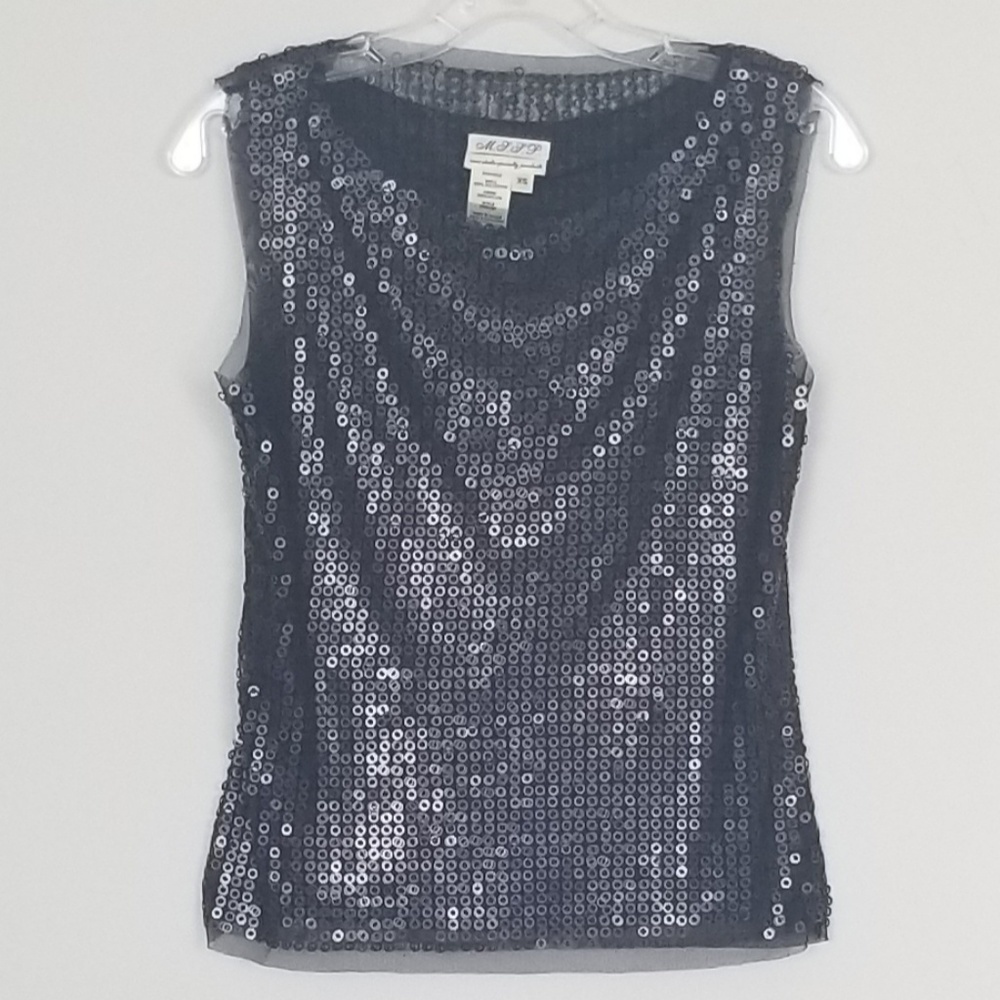 Max Studio Sequin Black Sheer Sleeveless Top XS